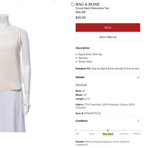 RAG & BONE Scoop Neck Sleeveless Top, Cream White - X-small